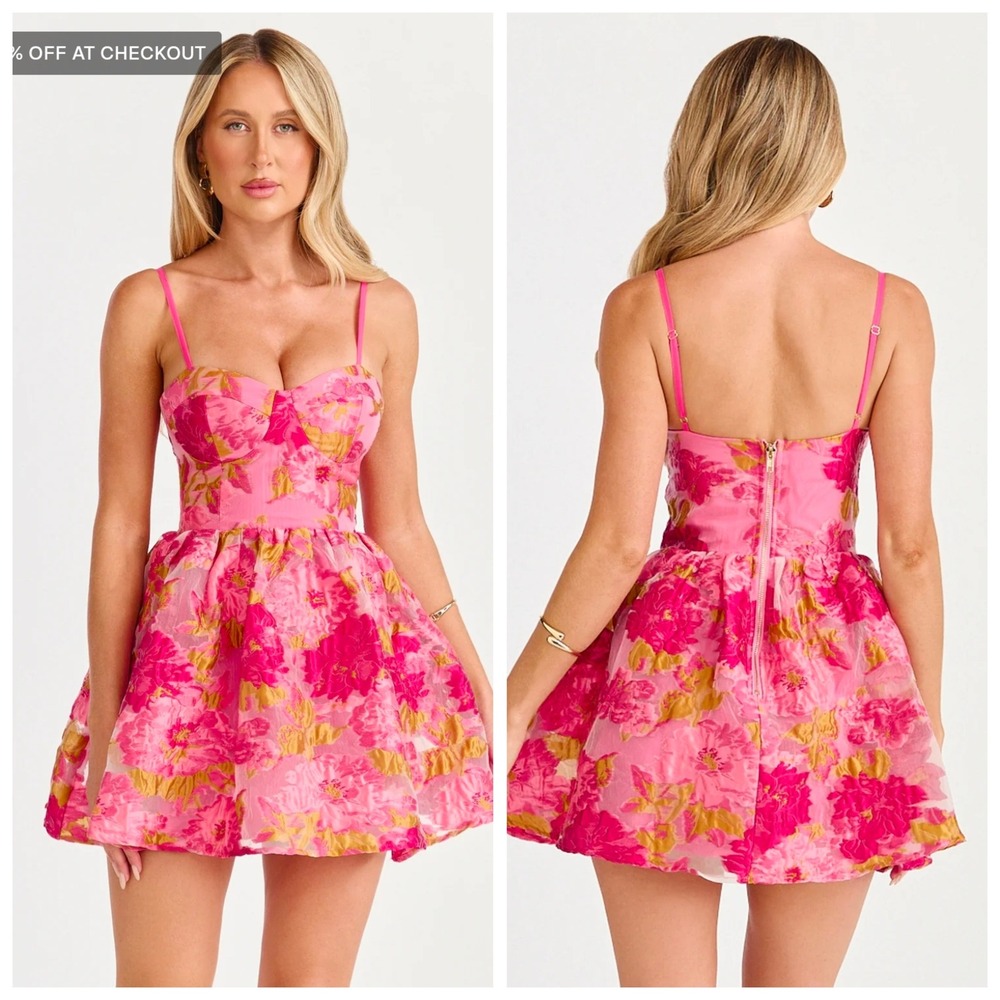 Billy J Pink Gold Floral Jacquard Mini Dress Bustier Fit Flare Size 8 NEW